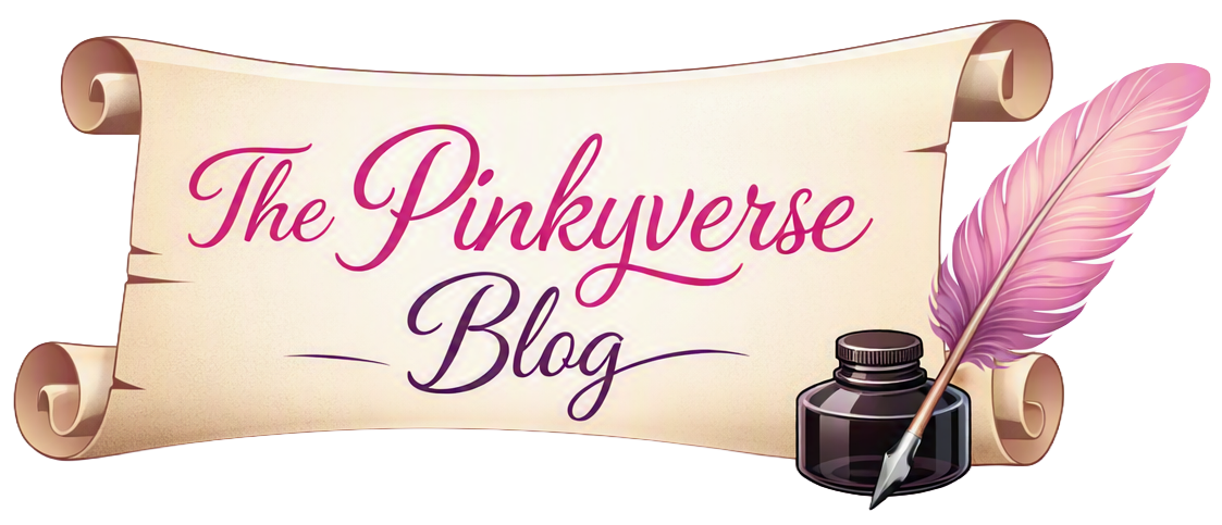 The Pinkyverse Blog logo featuring an unrolled scroll with a pink feather and inkwell.