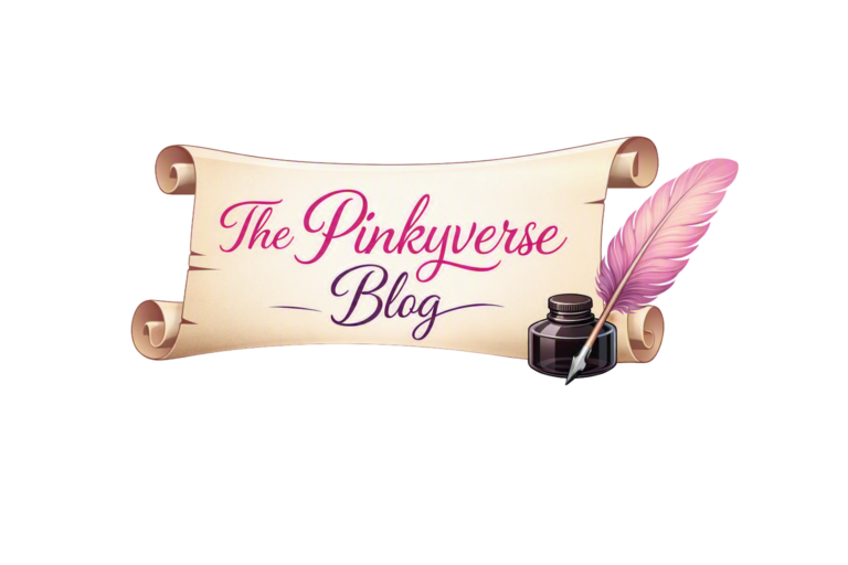 The Pinkyverse Blog logo featuring an unrolled scroll with a pink feather and inkwell.