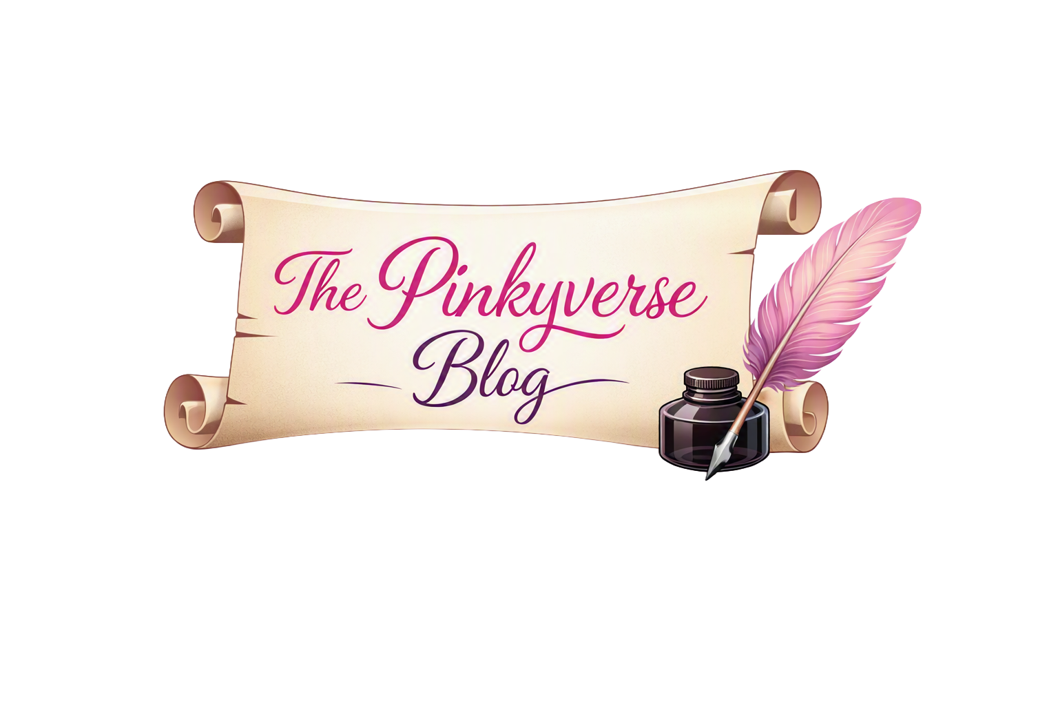The Pinkyverse Blog logo featuring an unrolled scroll with a pink feather and inkwell.